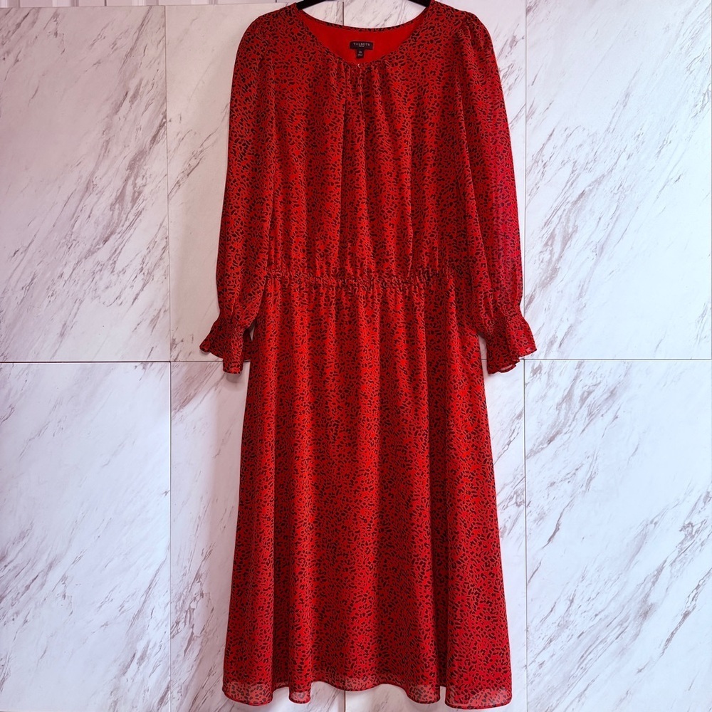 Talbots Petite Leopard Split Neck Long Sleeve Red Midi Dress SZ 12P - Picture 2 of 6
